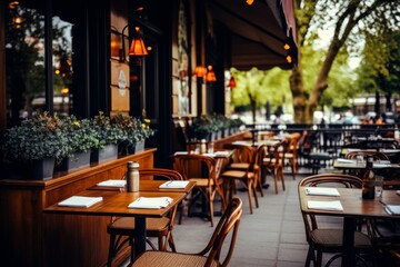 Exterior of a restaurant sitting area with wooden tables and chairs