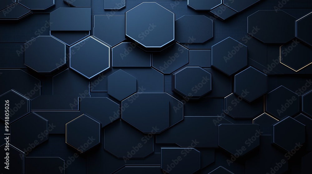 Poster dark geometric background with overlapping hexagons in various shades of blue, creating a modern and