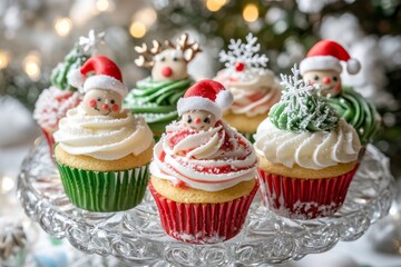 Whimsical Christmas Cupcakes with Snowflakes and Santa Hat Toppers