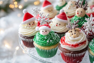 Holiday Cupcake Display with Santa Hats and Snowflakes Under Fairy Lights