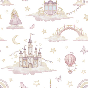 Watercolor seamless Pattern with Castle for princess on a cloud, carriage and bridge in pastel pink colors. Illustration for Baby girl textile design or childish wallpaper. Tile for Fantasy ornament.