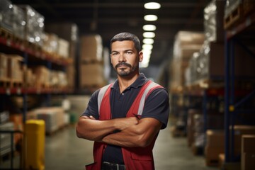 Fototapeta premium Portrait of a hispanic middle aged male warehouse worker