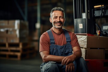 Obraz premium Portrait of a hispanic middle aged male warehouse worker
