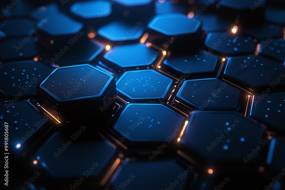 Poster futuristic hexagonal pattern with glowing edges and digital elements, representing advanced technolo