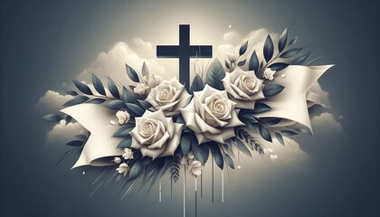 card with christian cross with roses and place for text with generative AI creation