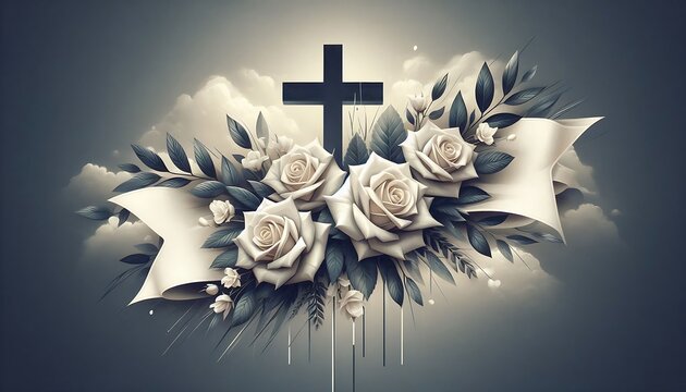 card with christian cross with roses and place for text with generative AI creation