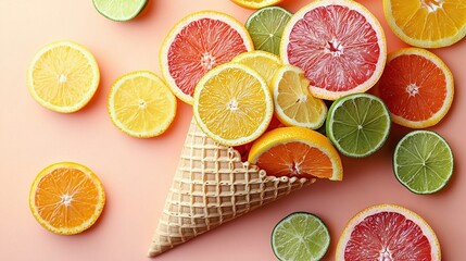   An orange, lime, and grapefruit-filled ice cream cone on a pink surface