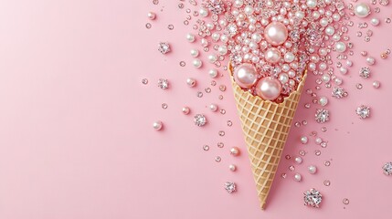   Ice Cream Cone with Pearls on Pink Background