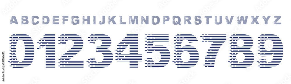 Poster striped digital font, futuristic tech numbers and letter design, featuring horizontal lines for spor