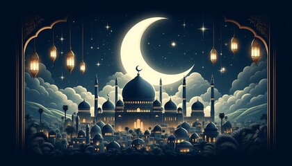 Obraz premium Mosque at night with the moon, Muslim religious concept with the creation of generative AI