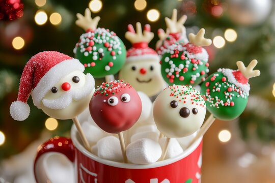 Christmas-Themed Cake Pops in Holiday Mug with Marshmallows