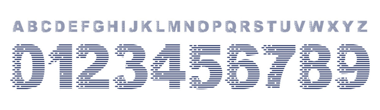 Striped digital font, futuristic tech numbers and letter design, featuring horizontal lines for sports branding, jersey numbers, team merchandise. Vector typeset
