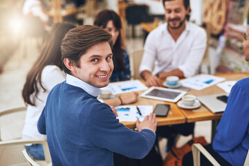 Portrait, meeting and business man in cafe for coffee sales representative, b2b management and team. Caffeine supplier, product specialist and market trends with people in restaurant for project