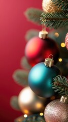 Obraz premium Festive Christmas Tree with Shiny Ornaments on a Red Background
