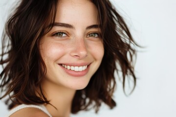Naklejka premium Dark brown haired woman posing on a white background, highlighting hair color.
