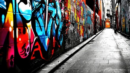 Naklejka premium A monochromatic image of a bustling urban thoroughfare featuring intricate murals on its buildings and an individual strolling leisurely along