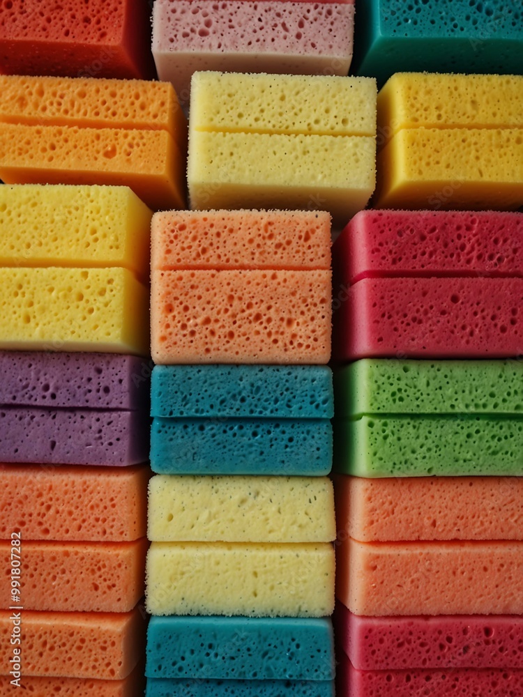 Poster stack of colorful sponges neatly arranged.