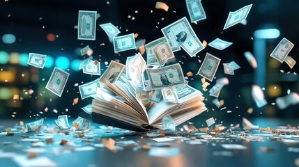 An artistic representation of money exploding from an open book, symbolizing financial knowledge and its impact on wealth and success in the economy.