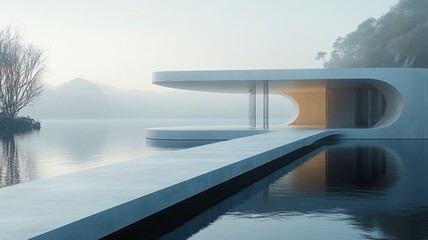 Fototapeta premium A modern airy podium with a matte finish, floating in an open futuristic environment. Generative AI
