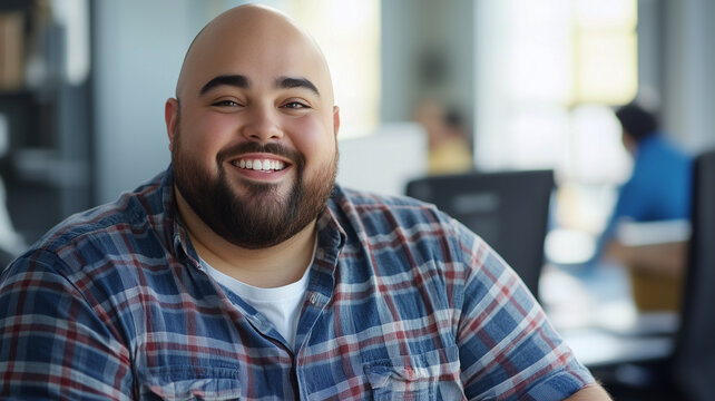 Bald plus size male office worker smiling; office environment; inclusive & diverse friendly workplace. Acceptance of diversity, body inclusive theme. Diversity themes poster concerning baldness, beaut