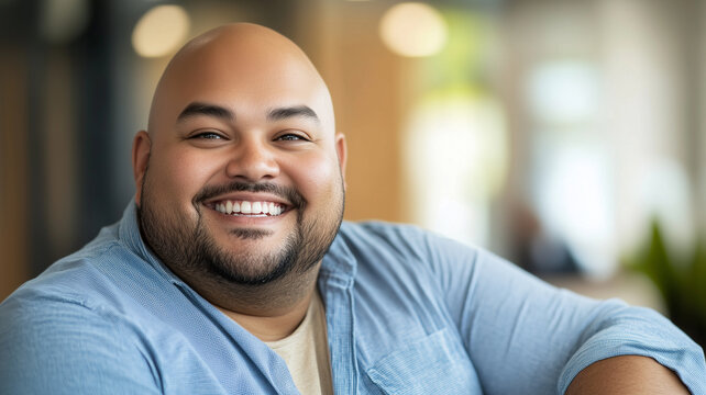 Bald plus size male office worker smiling; office environment; inclusive & diverse friendly workplace. Acceptance of diversity, body inclusive theme. Diversity themes poster concerning baldness, beaut