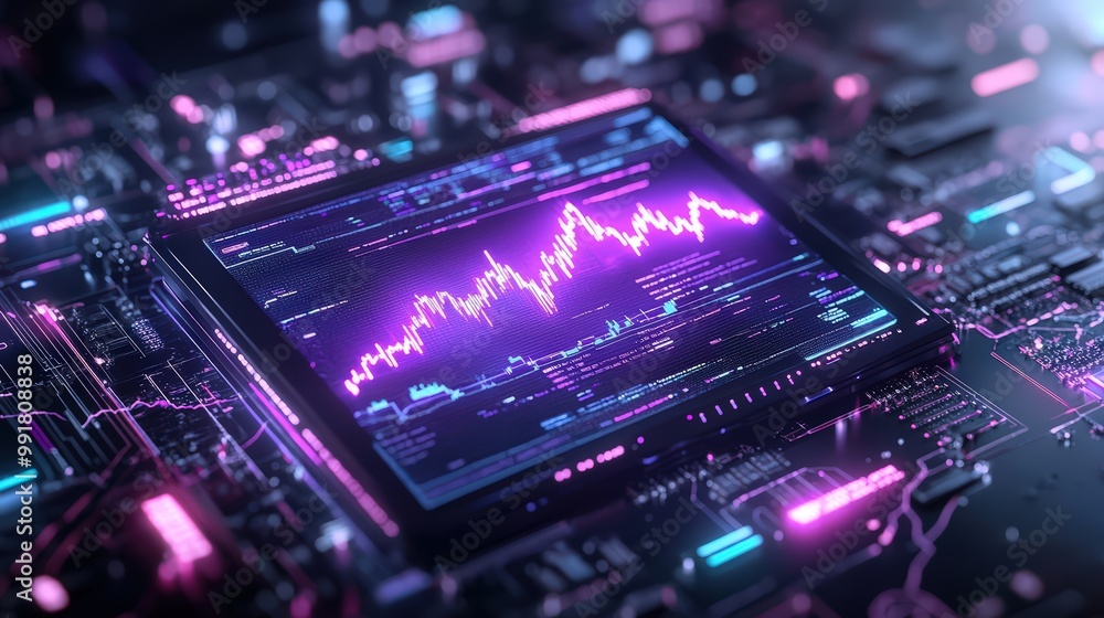 Poster a computer screen displays vibrant financial data and analytics in a futuristic interface, showcasin