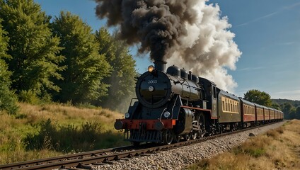 Steam locomotive chugging along tracks with puffs of steam in the countryside.