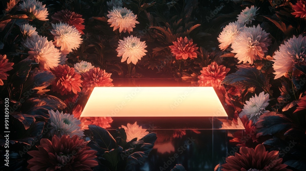 Poster a rectangular surface glows softly at the center of a rich floral landscape filled with vibrant flow