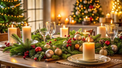 Simple Christmas dinner table setting with candles, decorated with greenery and ornaments, soft warm lighting, festive and cozy ambiance, focus on table