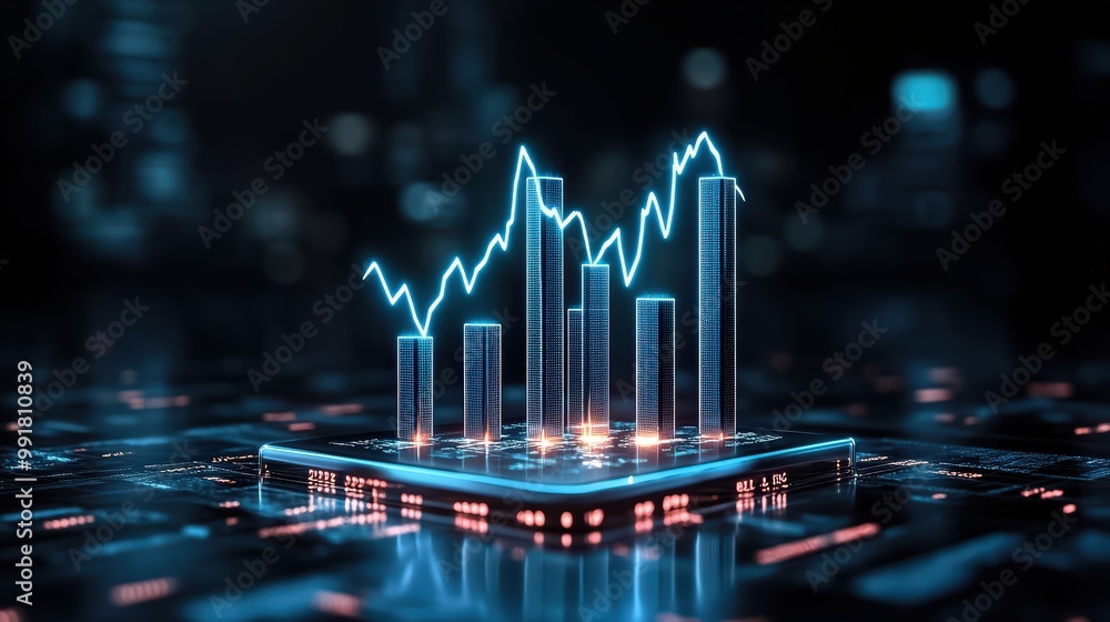 Poster a stunning digital representation of a bar chart with a lightning effect, symbolizing market trends 