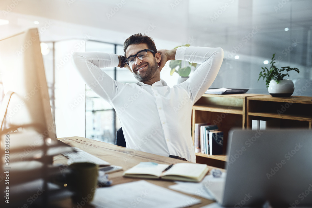 Poster businessman, satisfied and resting on computer at office with email notification for good news. male