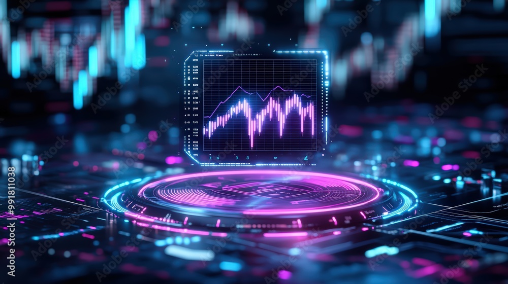 Poster a futuristic digital graph display featuring a thunderstorm icon, showcasing vibrant colors and mode