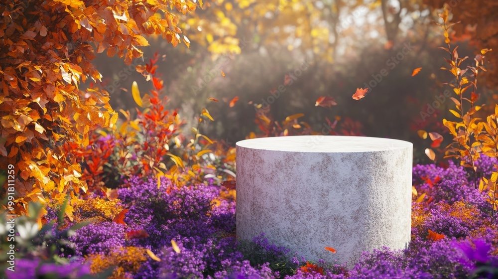 Aufkleber A serene garden scene features a circular stone pedestal surrounded by a lush array of colorful autumn flowers