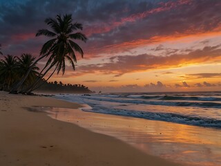 Stunning beach sunset with swaying palm trees and a colorful sky.