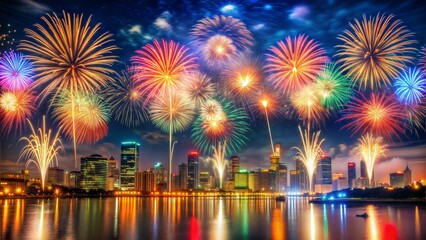Colorful fireworks bursting over city skyline at night