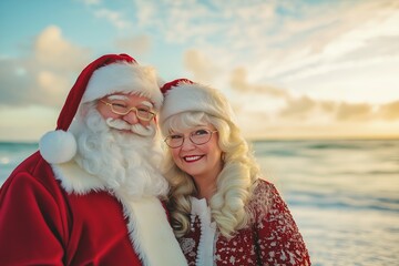 Obraz premium Mr. and Mrs. Santa Claus smiling together on a sandy beach during sunset with ocean waves in the background