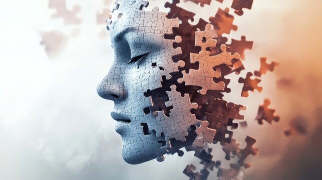 Face disassembled into puzzle parts visualizing confusion and incomplete emotions