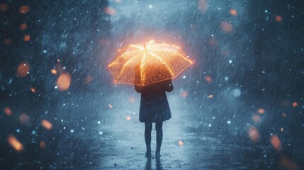 Conceptual image of hope and resilience represented by a glowing umbrella in a storm