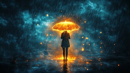 Rainstorm of emotions visualized with a protective umbrella glowing with warmth