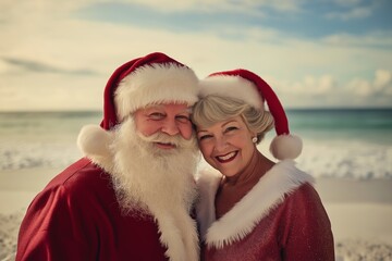 Obraz premium Mr. and Mrs. Claus enjoying a sunny day on the beach with the ocean and clouds in the background