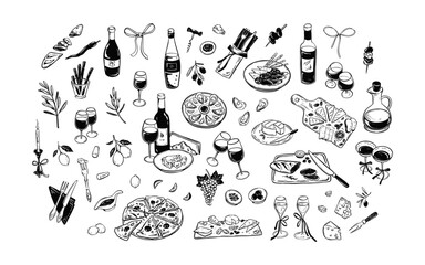 Minimalist food and wine linocat vector illustrations set. La Dolce vita style. Mediterranean, greek, Italian restaurant menu design background. Slow living concept. Girly summer picnic, charcuterie