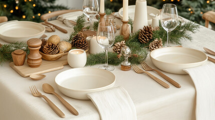 Elegant Holiday Dining Table Set With Natural Decor and Warm Lighting for a Festive Gathering