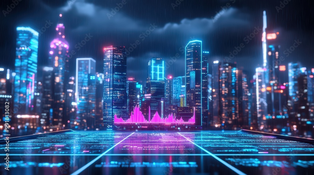 Poster a striking visualization of a financial data graph illuminated in a futuristic cityscape, highlighti