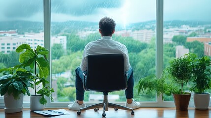 A financial planner reflects on strategies during a thunderstorm, gazing out a large window. The contrast of rain creates a contemplative mood, perfect for deep thinking.