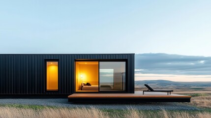 Single container home with sleek black exterior and a small wooden deck, placed on a grassy hill, minimal design, compact living