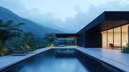 Fototapeta premium Dark-toned container house with a minimalist pool and deck, set in a tropical environment, dark tones, modern retreat