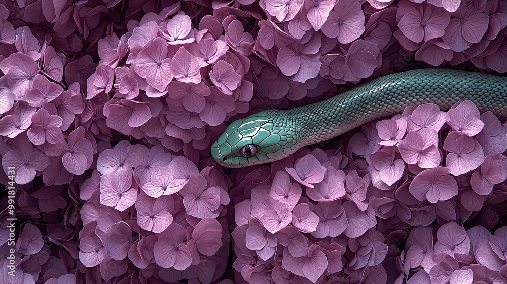 Sticker   Green snake atop bed of purple and pink flowers, with head protruding from middle of its body