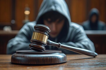 A sorrowful defendant at a tribunal court, illustrating the emotions and consequences of criminal responsibility