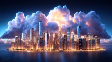 Obraz premium A stunning view of a financial hub enveloped in dark clouds at dusk, showcasing illuminated skyscrapers against a dramatic skyline, reflecting in calm waters.