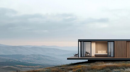 Fototapeta premium Minimal container home with a small, integrated deck, set against a backdrop of rolling hills, deck integration, harmony with landscape